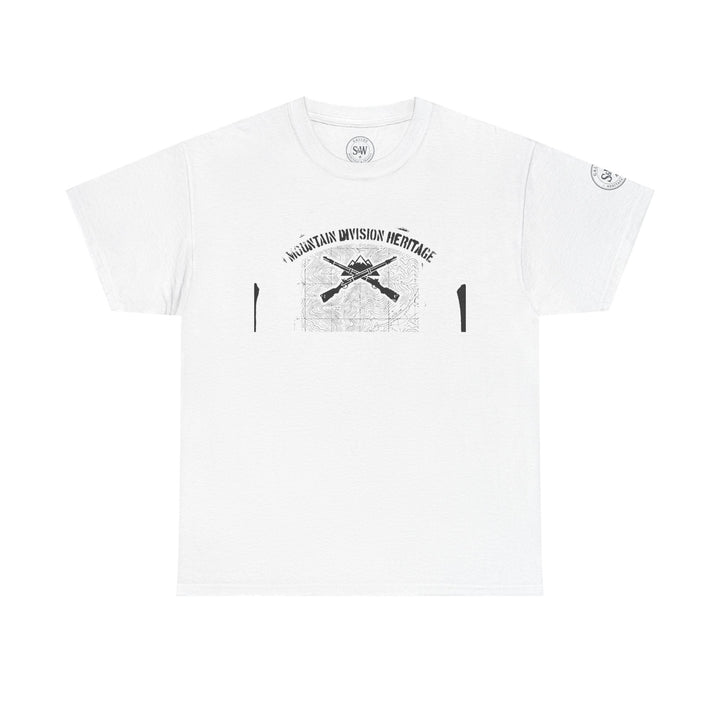 White t-shirt by S&amp;W Gallus featuring a vintage map and crossed rifles graphic with "Mountain Division Heritage" text.