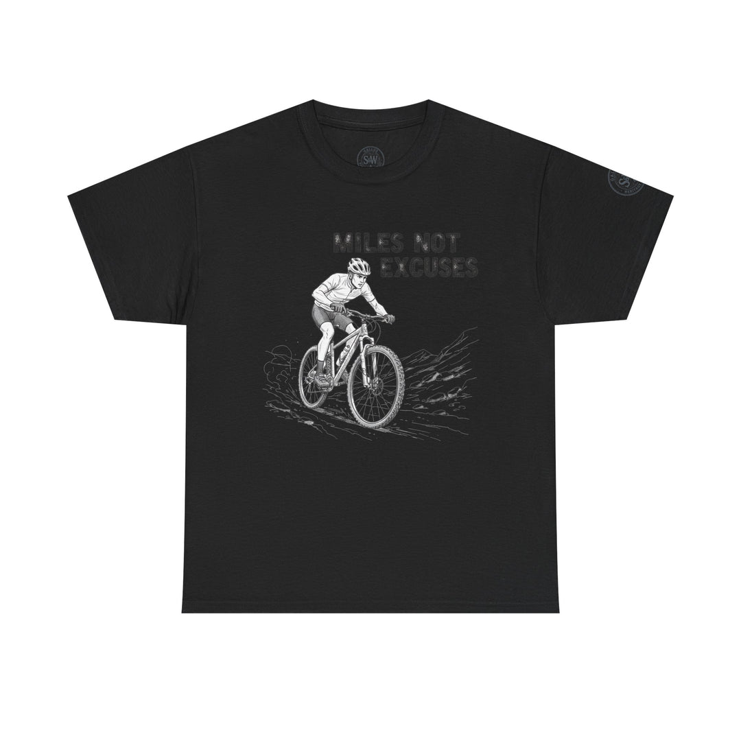 Black graphic t-shirt by S&amp;W Gallus, featuring a cyclist and "Miles Not Excuses" design.