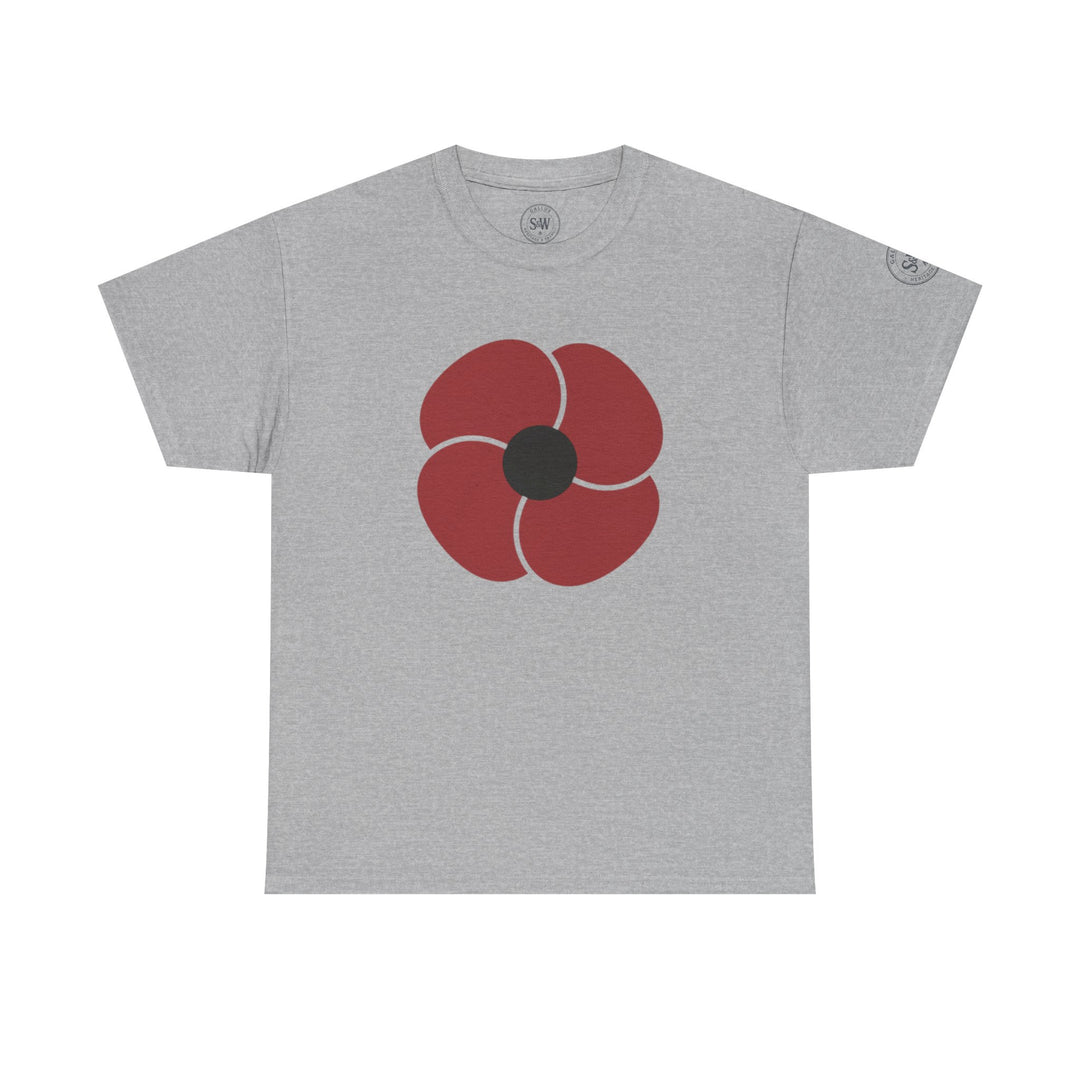 Gray t-shirt with a stylized red poppy by S&amp;W Gallus, featuring a round black center.