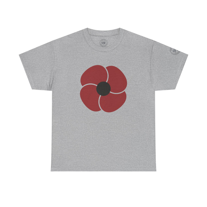 Gray t-shirt with a stylized red poppy by S&amp;W Gallus, featuring a round black center.