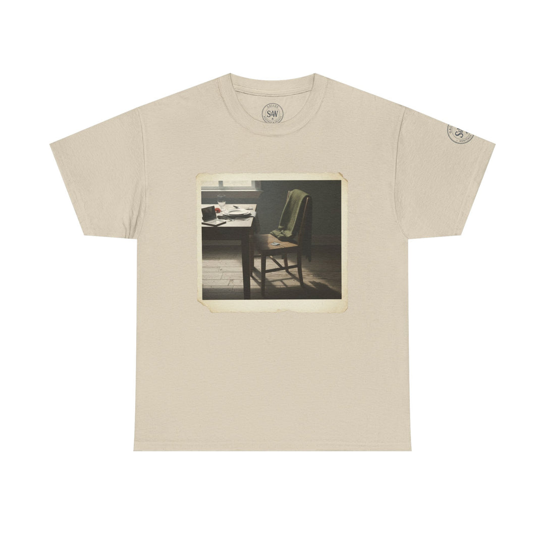 Beige t-shirt by S&amp;W Gallus featuring a printed image of an empty study room with a chair and desk.