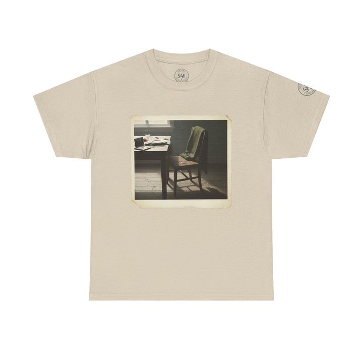 Beige t-shirt by S&amp;W Gallus featuring a printed image of an empty study room with a chair and desk.