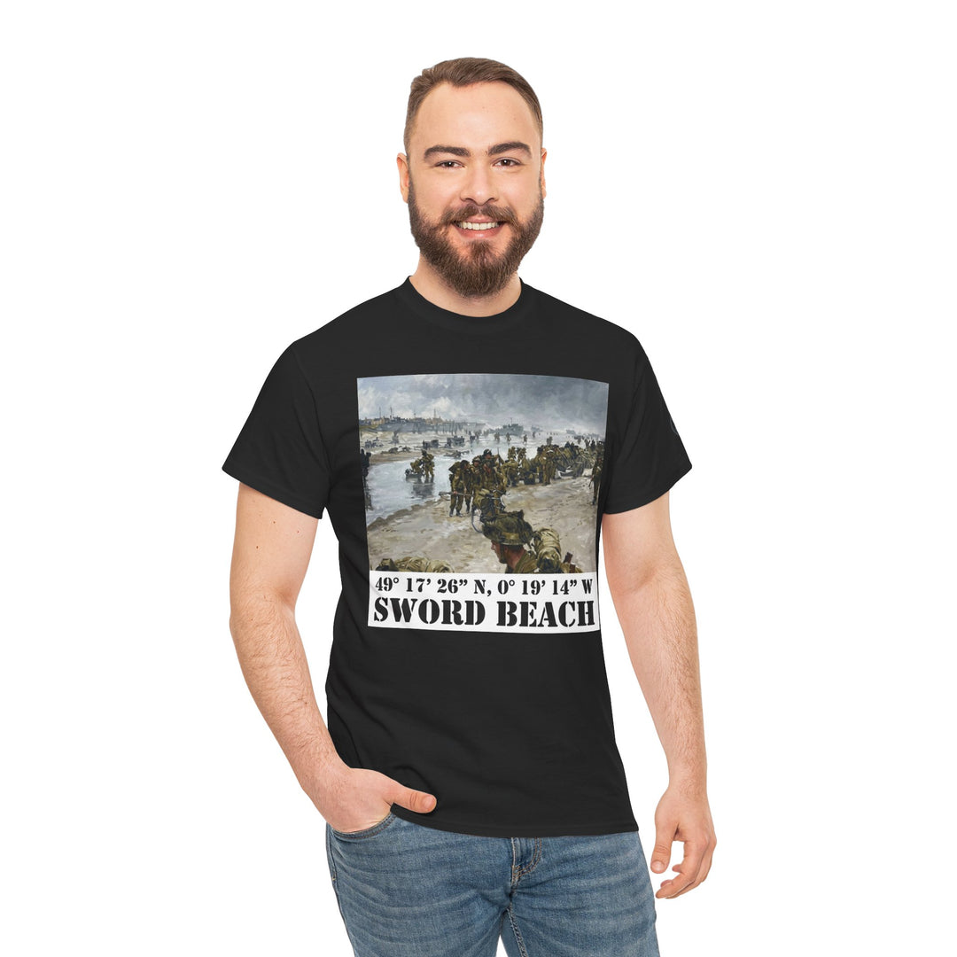 Black Sword Beach Coordinates T-Shirt by Veteran owned, featuring a Normandy landing graphic and worn with blue jeans.