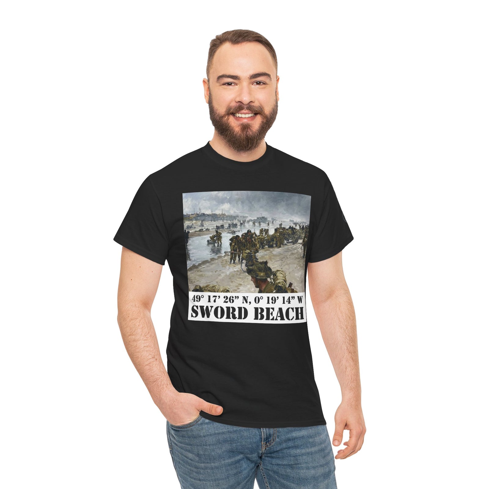 Black Sword Beach Coordinates T-Shirt by Veteran owned, featuring a Normandy landing graphic and worn with blue jeans.