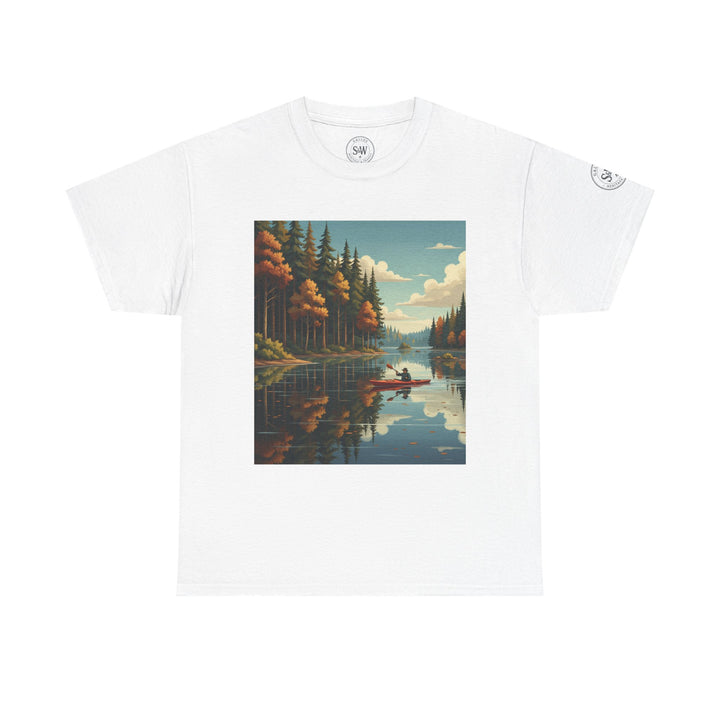White t-shirt by S&amp;W Gallus featuring a graphic of a person canoeing on a tranquil lake surrounded by autumn trees.