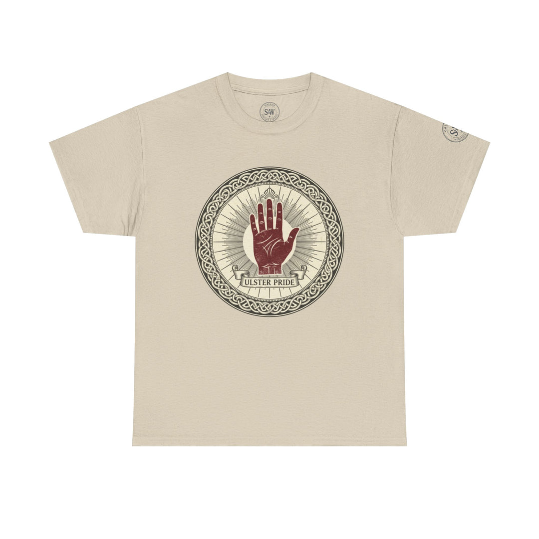 Beige T-shirt by S&amp;W Gallus with a round "Ulster Pride" graphic on the front.