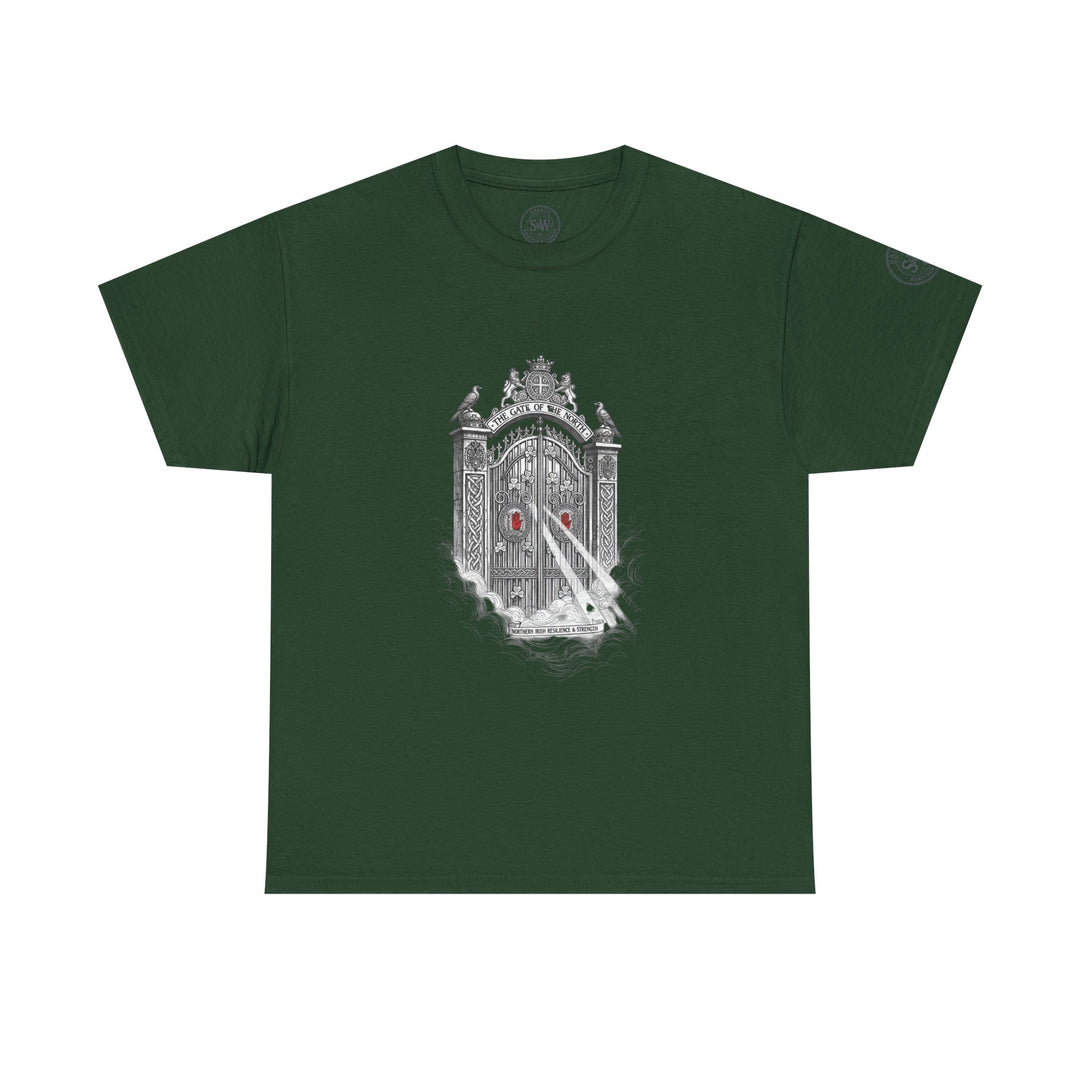 Forest green Ulster Gate graphic tee by S&amp;W Gallus, featuring an illustrated gate design with Irish symbols.