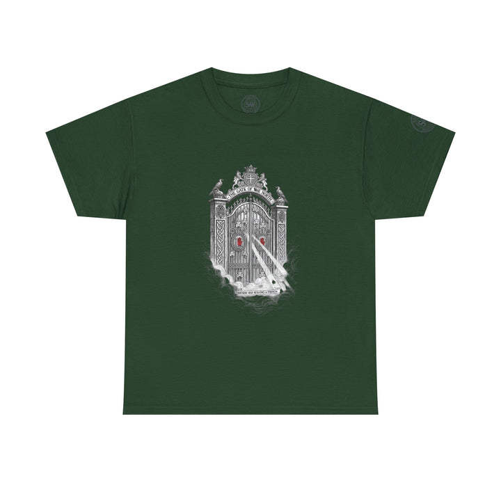 Forest green Ulster Gate graphic tee by S&amp;W Gallus, featuring an illustrated gate design with Irish symbols.