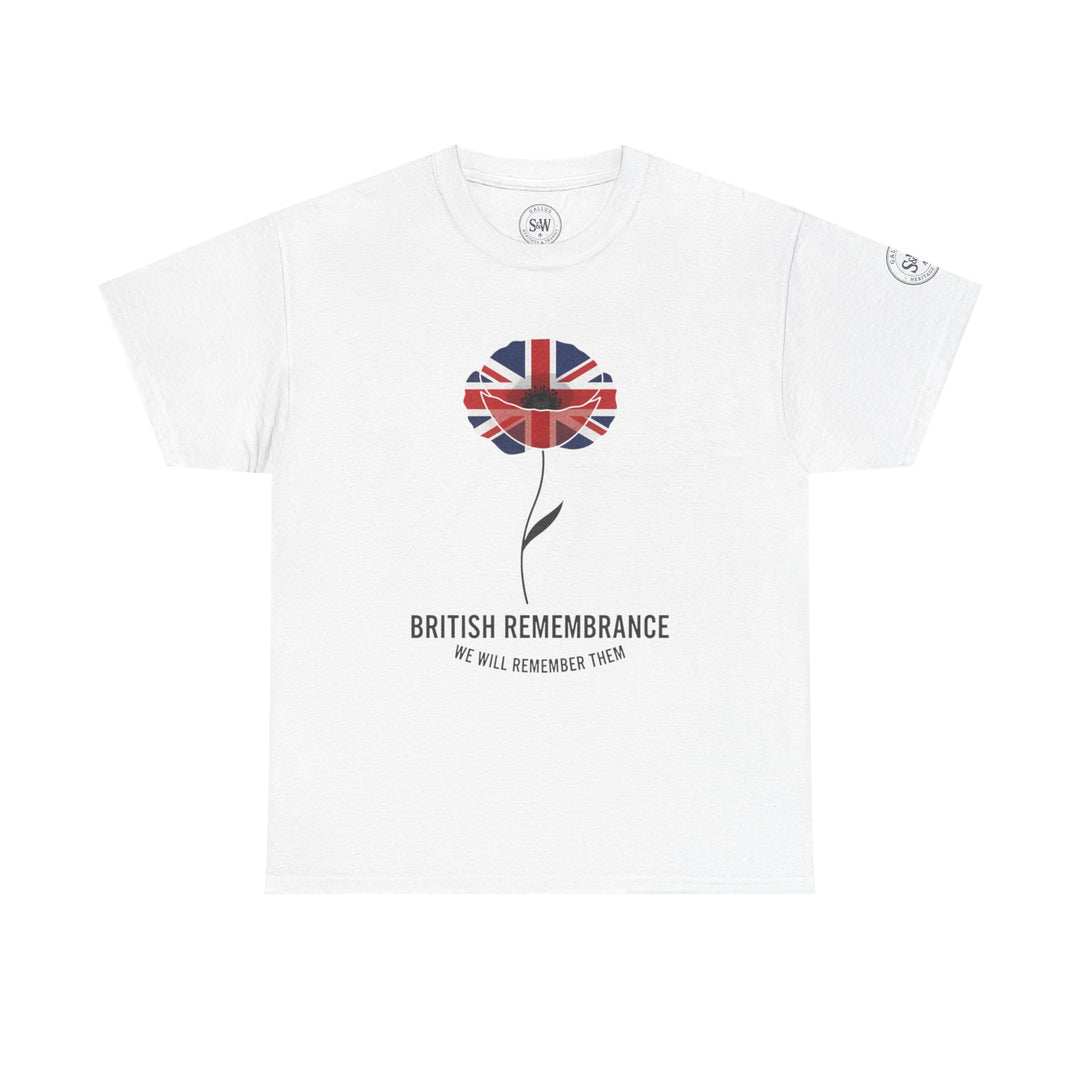 White Remembrance Flag Poppy T-Shirt by S&amp;W Gallus, featuring a British flag poppy design and remembrance text.