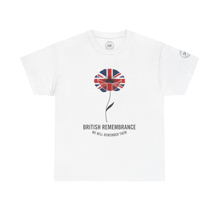 White Remembrance Flag Poppy T-Shirt by S&amp;W Gallus, featuring a British flag poppy design and remembrance text.