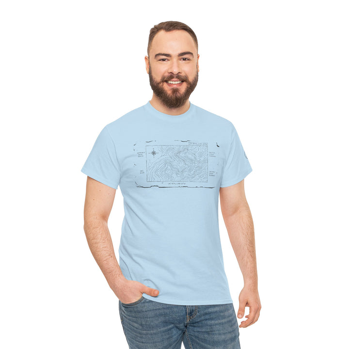 Light blue T-shirt with a minimal mountain map graphic by S&amp;W Gallus, worn with jeans.