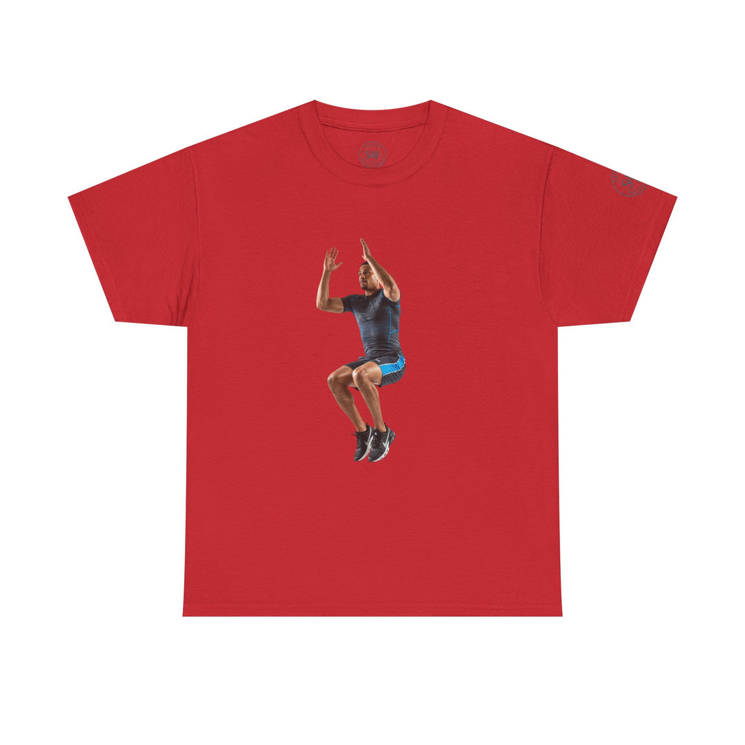 Red T-shirt by S&amp;W Gallus displaying a man in athletic wear jumping high in the center.