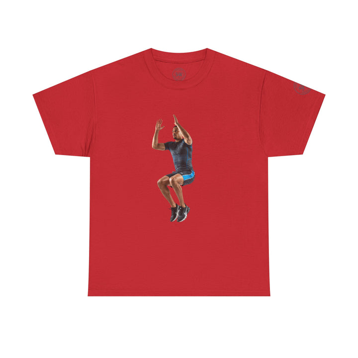 Red T-shirt by S&amp;W Gallus displaying a man in athletic wear jumping high in the center.