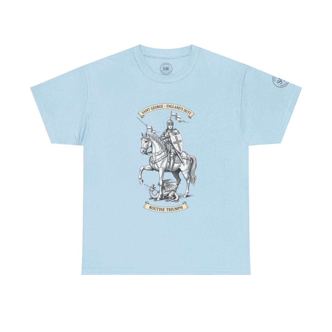 Light blue tee shirt by S&amp;W Gallus featuring a drawing of Saint George slaying the dragon with motto banners.