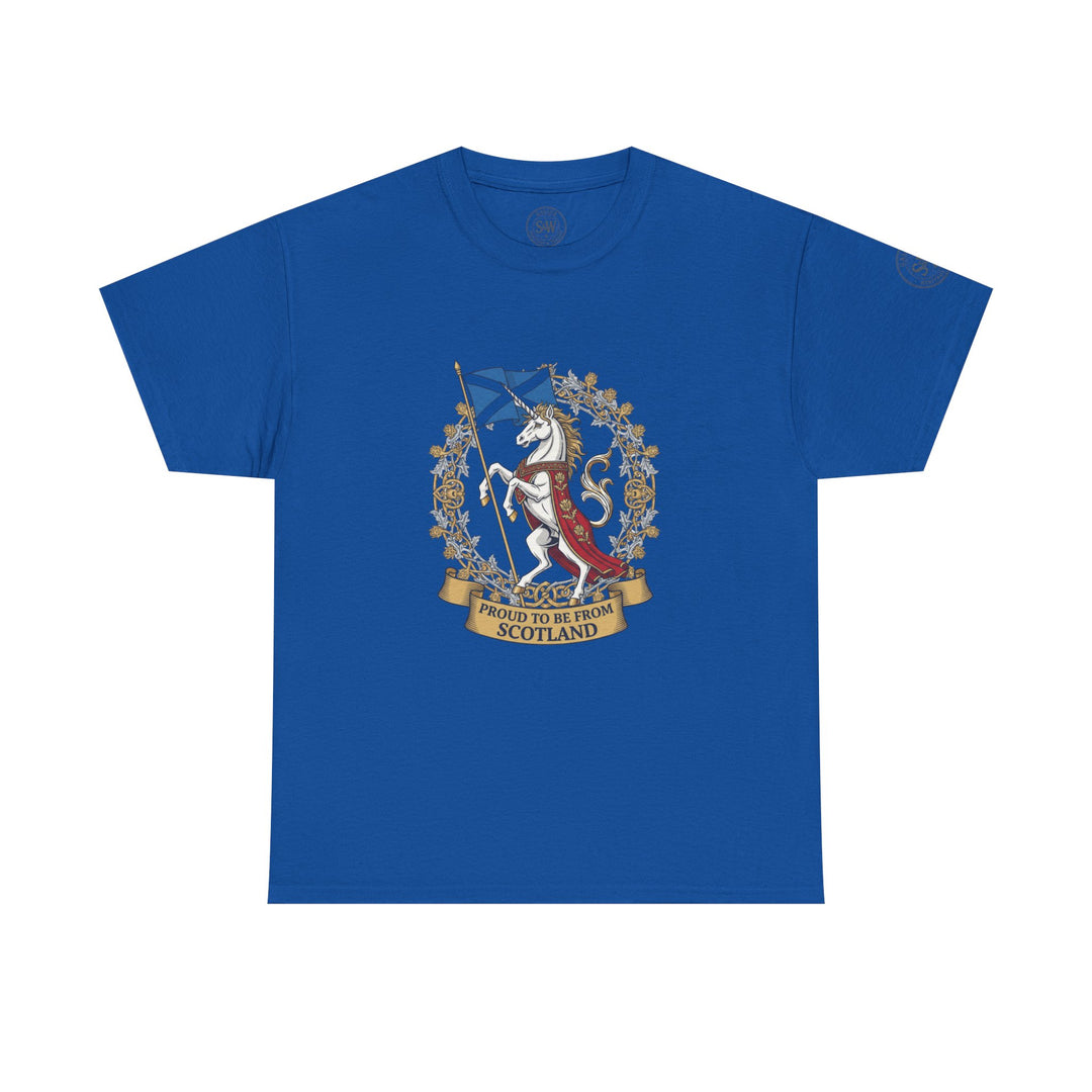 Blue t-shirt by S&amp;W Gallus with "Proud to Be From Scotland" text, unicorn design, and Scotland flag.