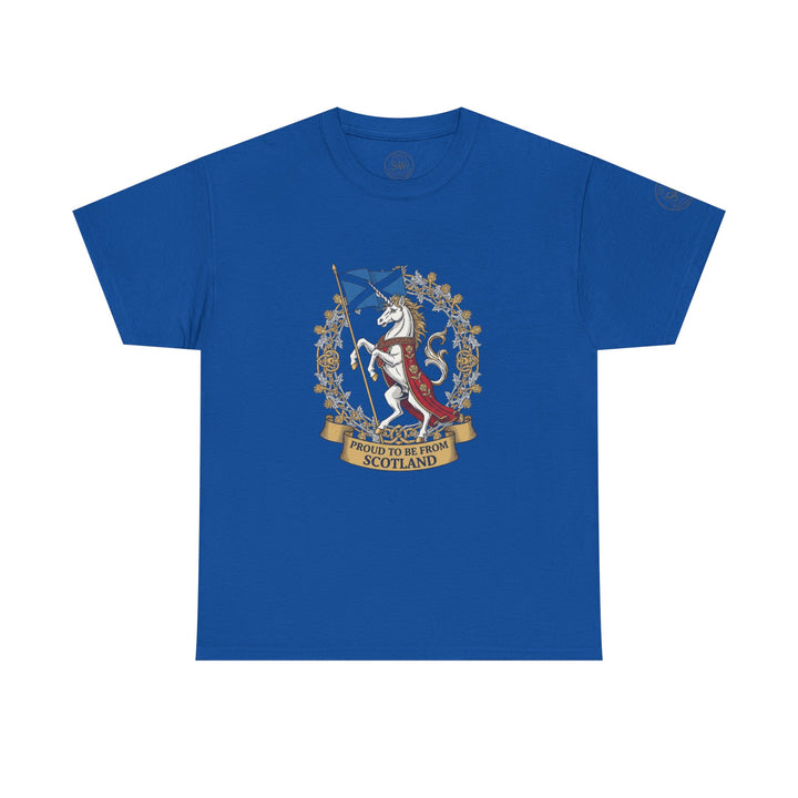 Blue t-shirt by S&amp;W Gallus with "Proud to Be From Scotland" text, unicorn design, and Scotland flag.