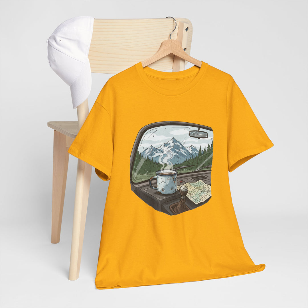 Van Roadtrip View T-Shirt featuring a scenic travel-inspired design. Soft cotton comfort perfect for van life, road trips, and outdoor adventures.