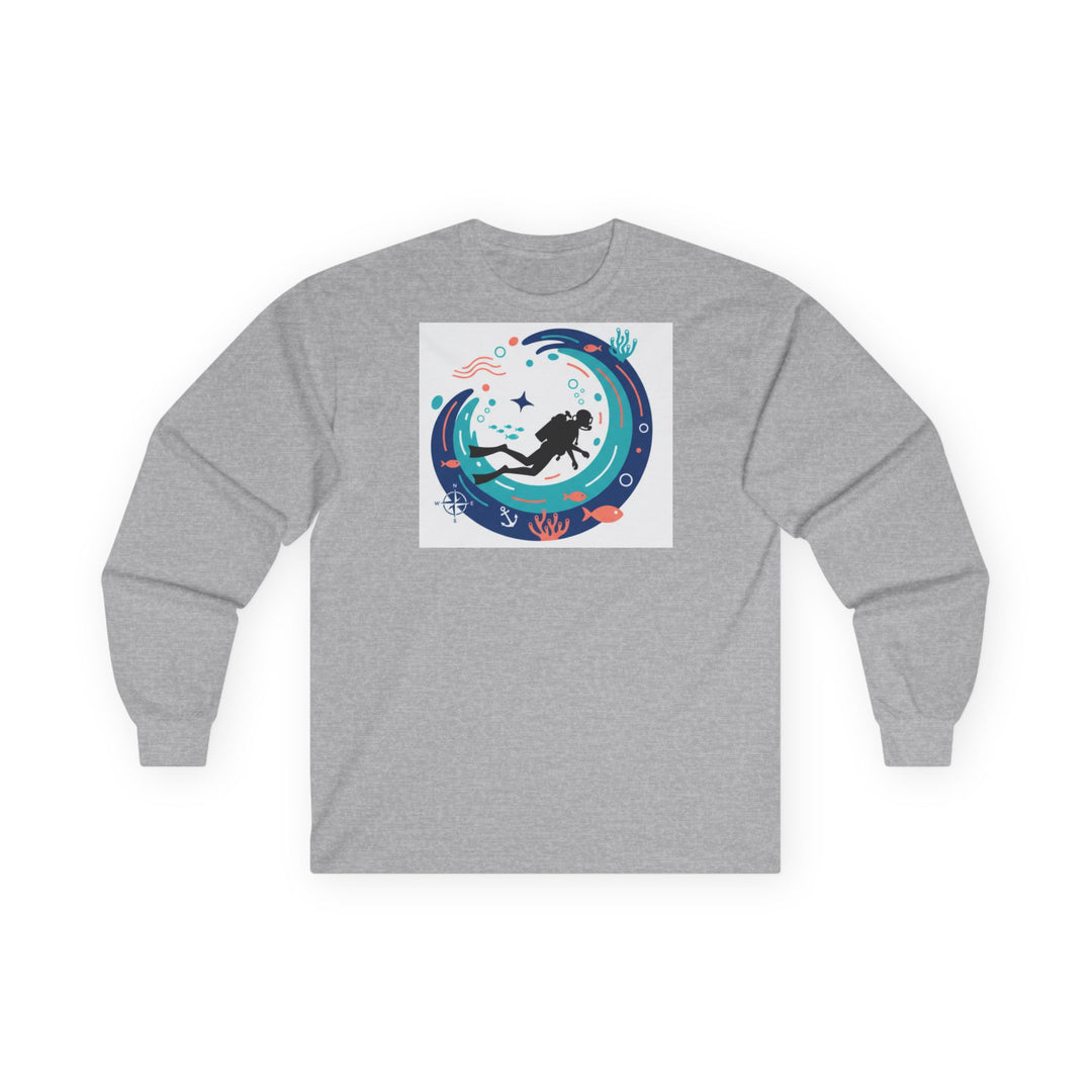Gray long-sleeve tee by S&amp;W Gallus with a white square design featuring a scuba diver in a wave.