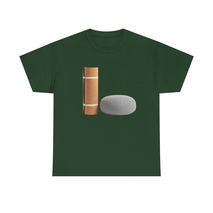Mat &amp; Meditation Cushion Tee – soft, breathable cotton featuring a yoga-inspired design. Perfect for meditation, studio practice, or mindful everyday wear.