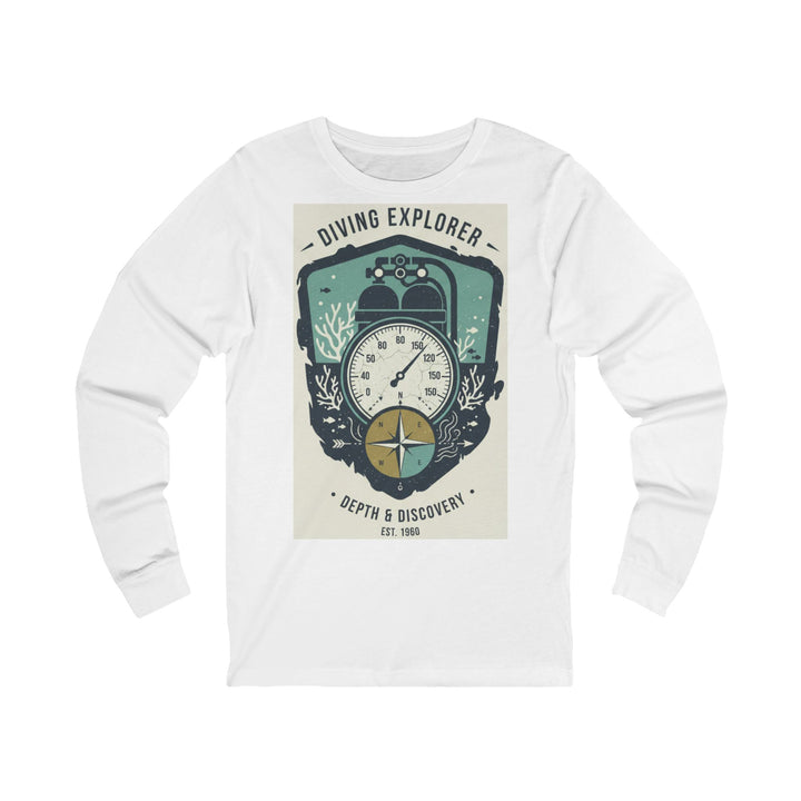 White long sleeve tee by S&amp;W Gallus featuring a diving explorer graphic with a compass and coral reef.