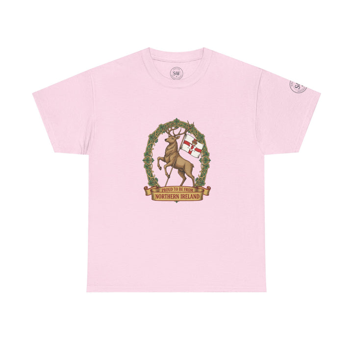 Pink t-shirt from S&amp;W Gallus, featuring a Northern Ireland stag crest graphic on the front.