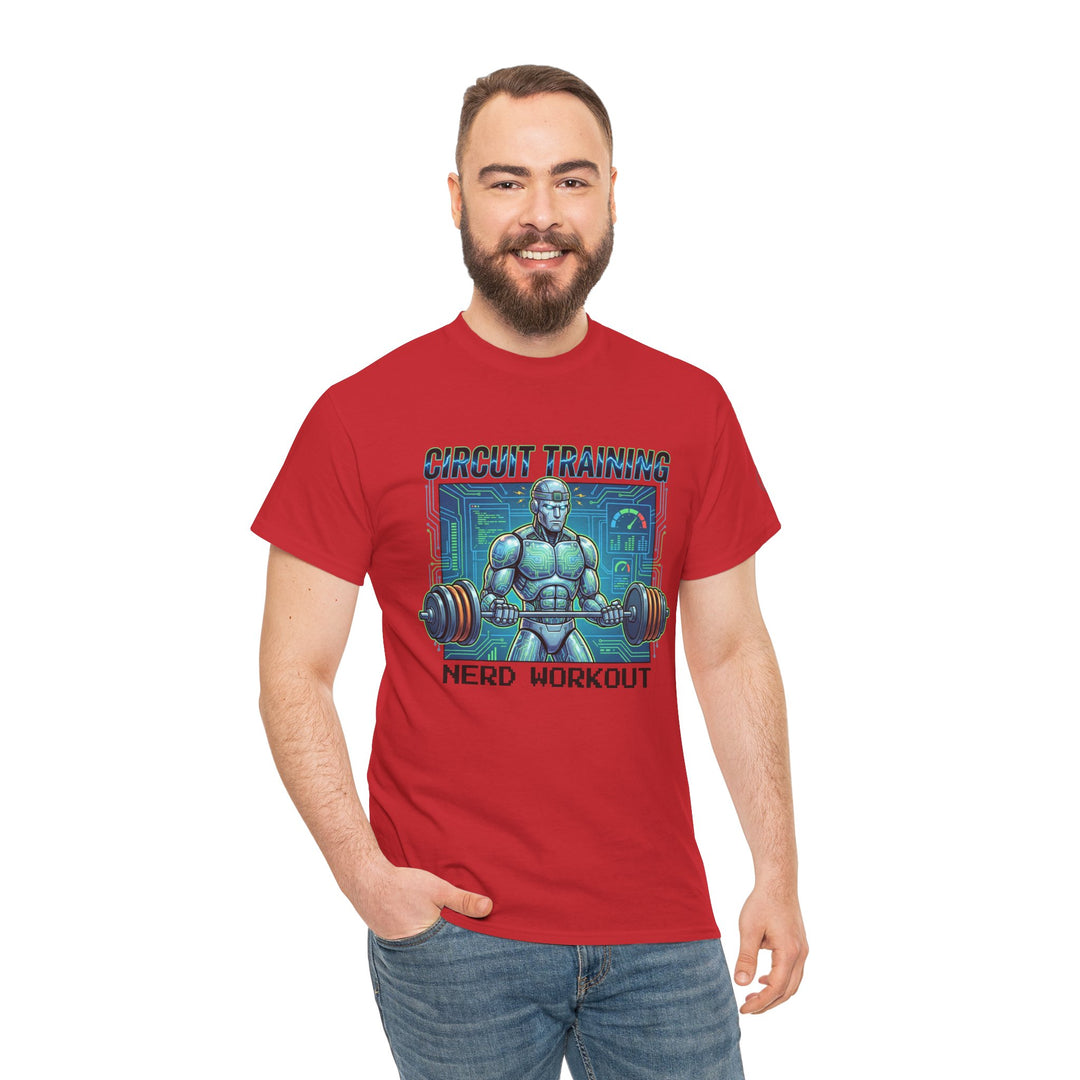 Red circuit training T-shirt by Veteran owned, featuring a robot weightlifter graphic with circuit board details, worn with blue jeans.