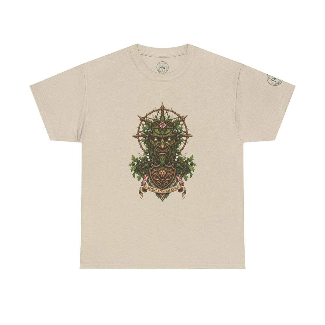 Beige t-shirt by S&amp;W Gallus with a central graphic of the Green Man mythic figure and shield.
