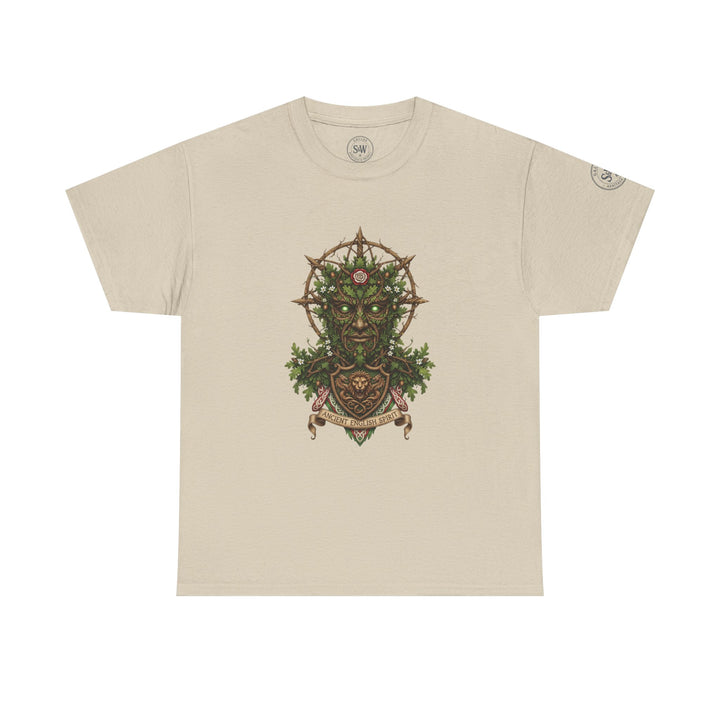 Beige t-shirt by S&amp;W Gallus with a central graphic of the Green Man mythic figure and shield.
