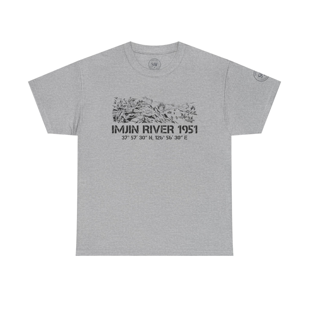Gray Imjin River 1951 Tee by S&amp;W Gallus with a Korean War battle graphic and location coordinates.