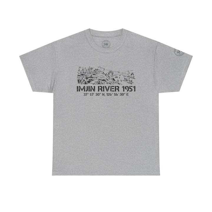 Gray Imjin River 1951 Tee by S&amp;W Gallus with a Korean War battle graphic and location coordinates.