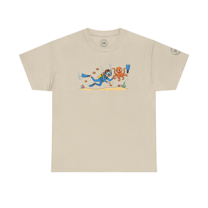 Beige t-shirt by S&amp;W Gallus featuring a cartoon scuba diver and octopus graphic, with a circular logo detail on the sleeve.
