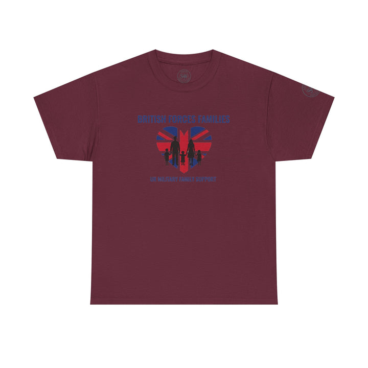 Burgundy short-sleeve t-shirt by S&amp;W Gallus featuring a heart graphic with the Union Jack flag and family silhouette.