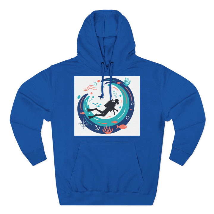 Blue hoodie by S&amp;W Gallus featuring a scuba diver graphic design.