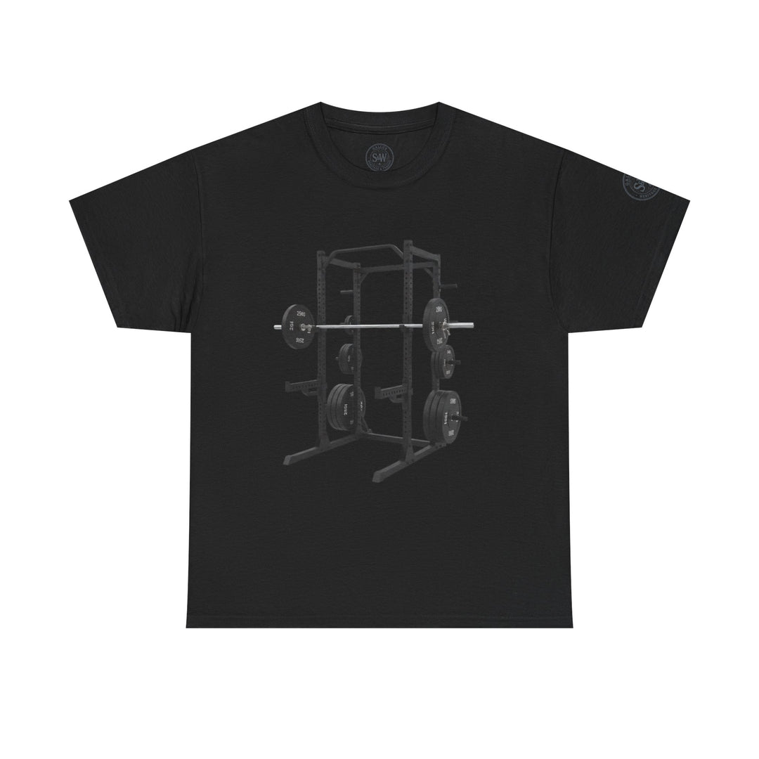 Black t-shirt by S&amp;W Gallus, featuring a graphic of a power rack gym equipment.