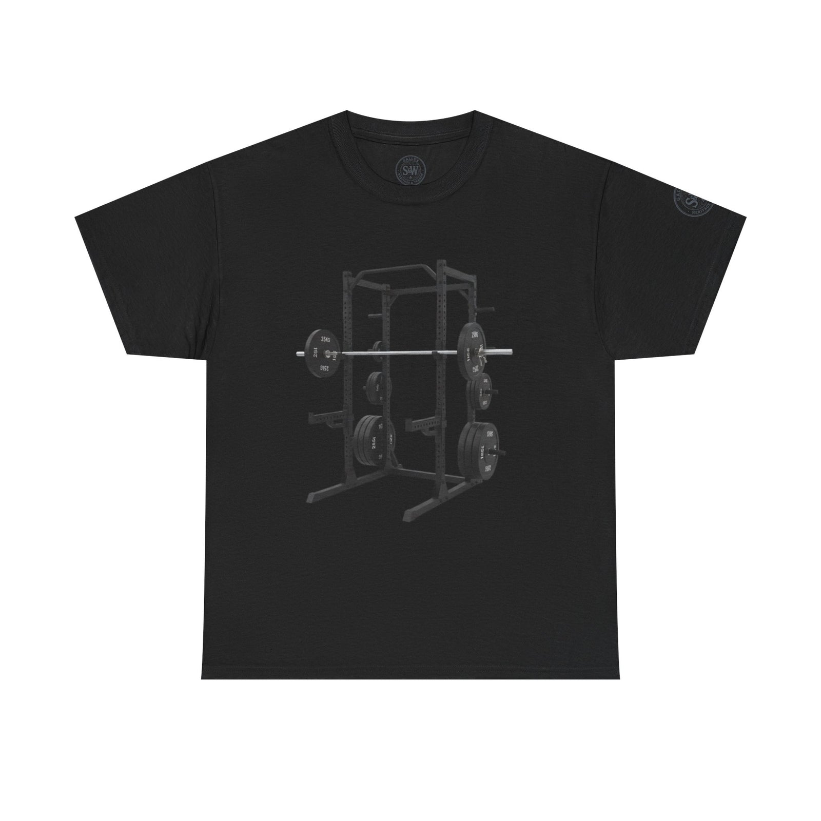 Black t-shirt by S&W Gallus, featuring a graphic of a power rack gym equipment.