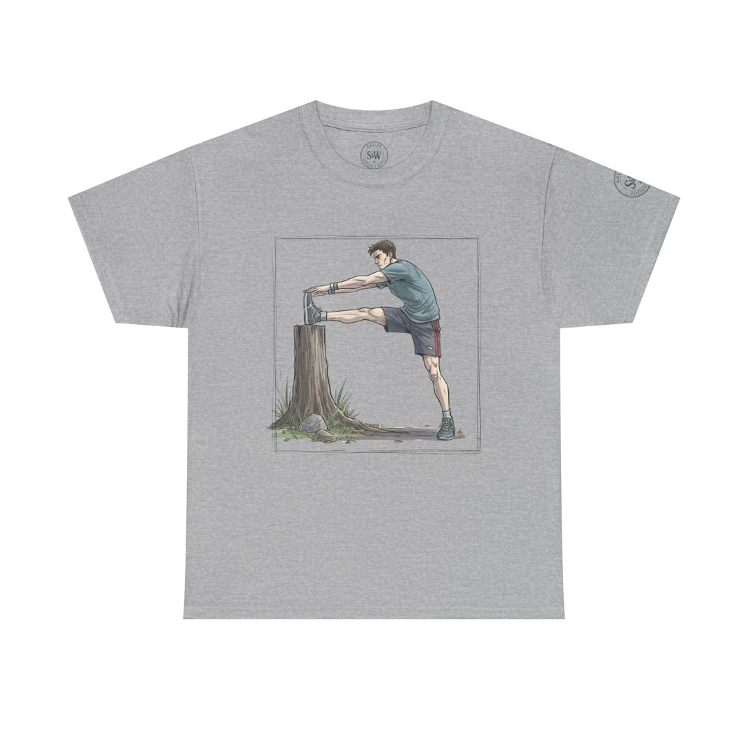 Gray t-shirt by S&amp;W Gallus featuring a runner stretching graphic, with a crew neck and short sleeves.