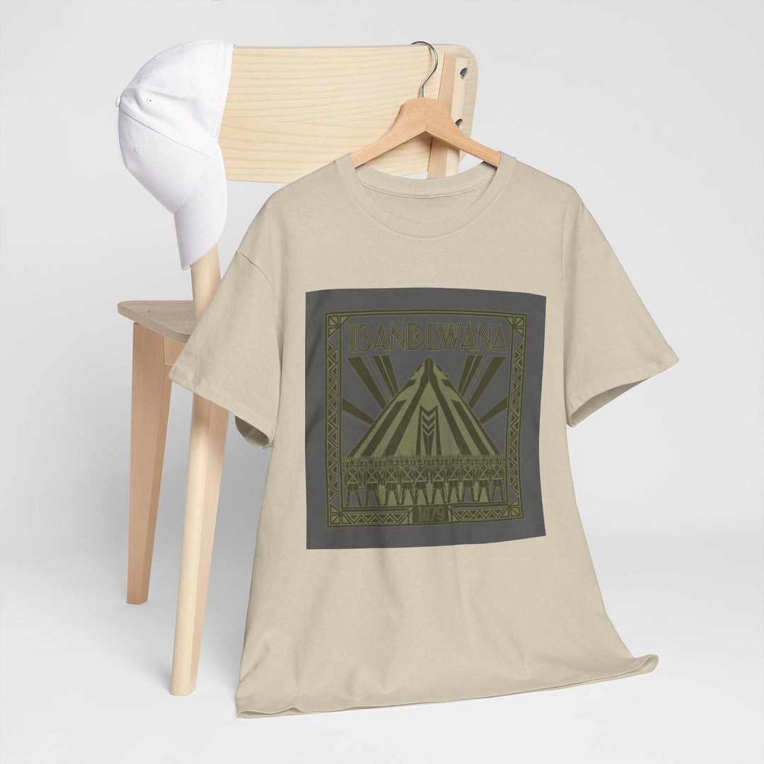 Isandlwana Festival Tee featuring bold “M” pyramid graphic. Outdoor music shirt inspired by iconic landscape vibes.