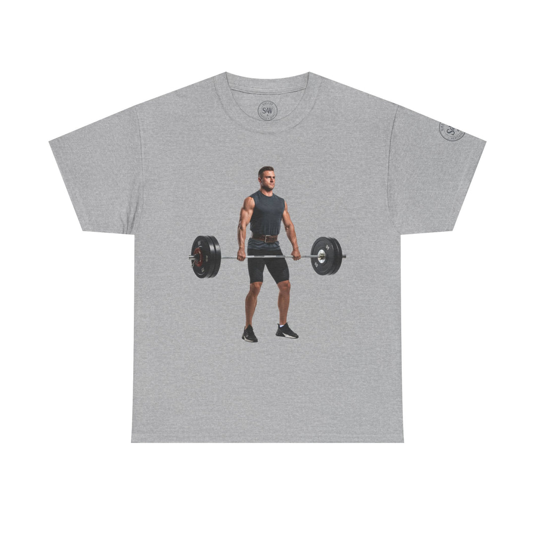 Gray graphic t-shirt by S&amp;W Gallus, featuring a weightlifter performing a deadlift on the front.