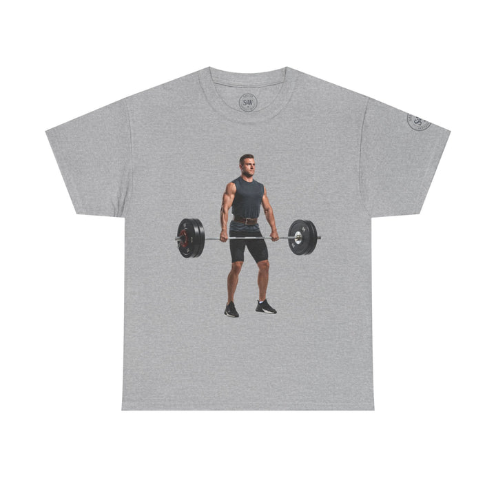 Gray graphic t-shirt by S&amp;W Gallus, featuring a weightlifter performing a deadlift on the front.