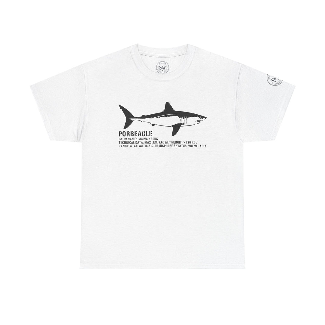 White graphic T-shirt with porbeagle shark anatomy illustration by S&amp;W Gallus, featuring scientific details and logos.