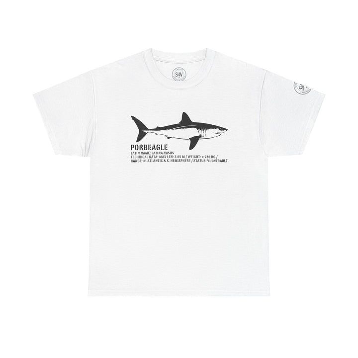 White graphic T-shirt with porbeagle shark anatomy illustration by S&amp;W Gallus, featuring scientific details and logos.