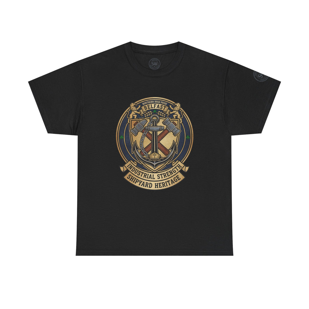 Black Belfast Shipyard Heritage T-shirt by S&amp;W Gallus, featuring a crest with shipyard and industrial motifs.