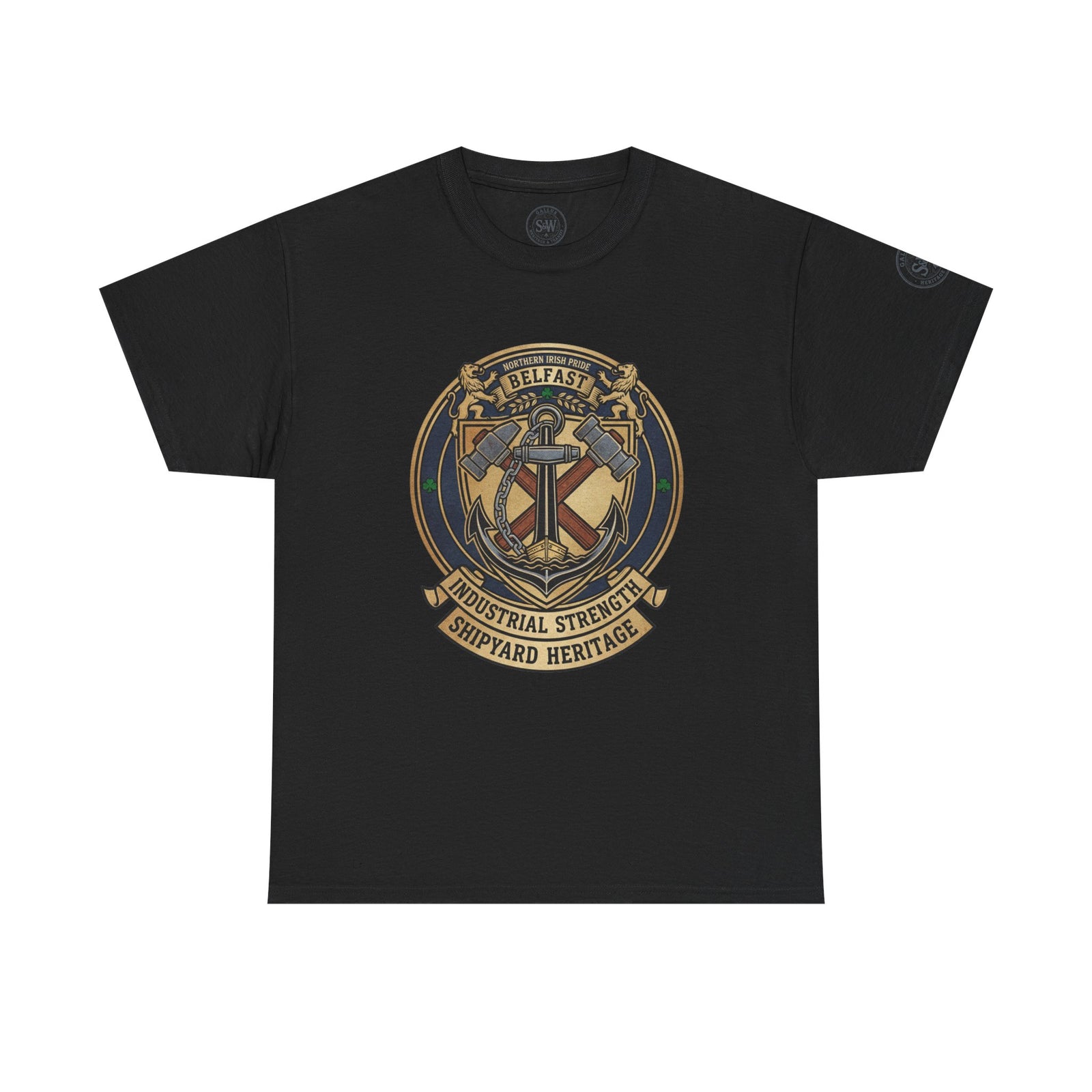 Black Belfast Shipyard Heritage T-shirt by S&W Gallus, featuring a crest with shipyard and industrial motifs.