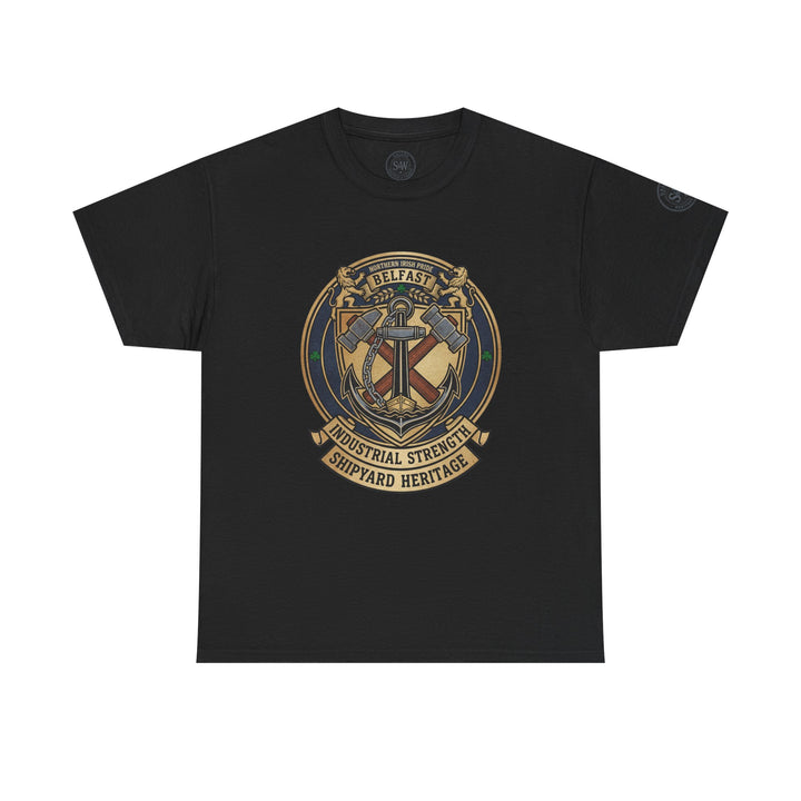 Black Belfast Shipyard Heritage T-shirt by S&amp;W Gallus, featuring a crest with shipyard and industrial motifs.