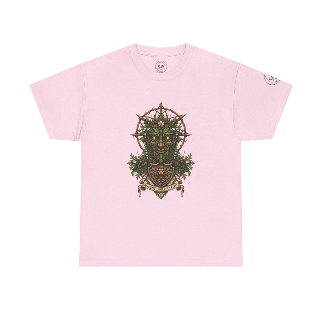 Pink t-shirt by S&amp;W Gallus featuring a detailed graphic print of the Green Man myth and a circular branded logo.
