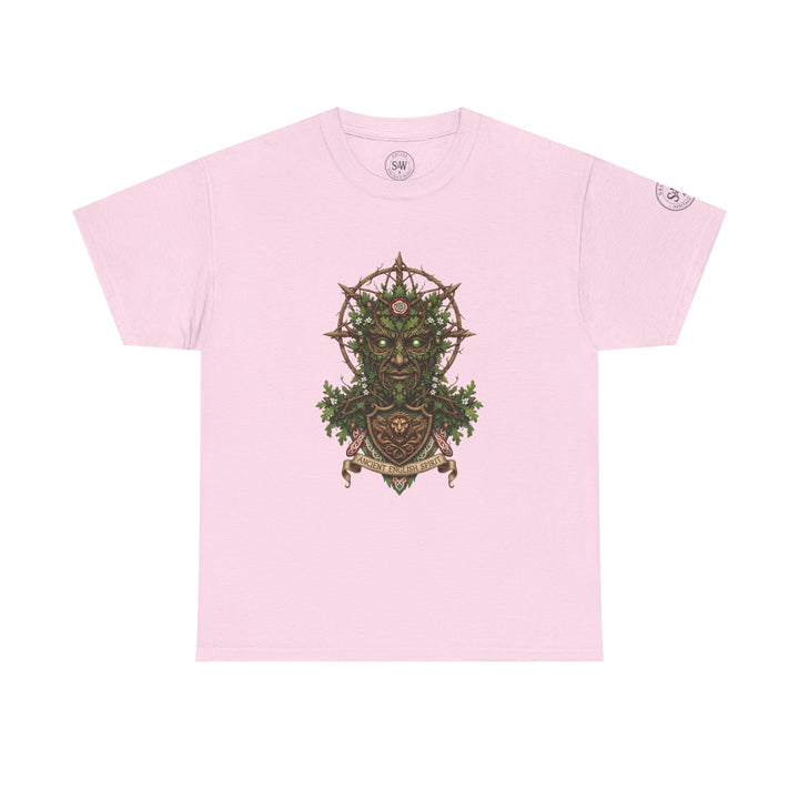 Pink t-shirt by S&amp;W Gallus featuring a detailed graphic print of the Green Man myth and a circular branded logo.
