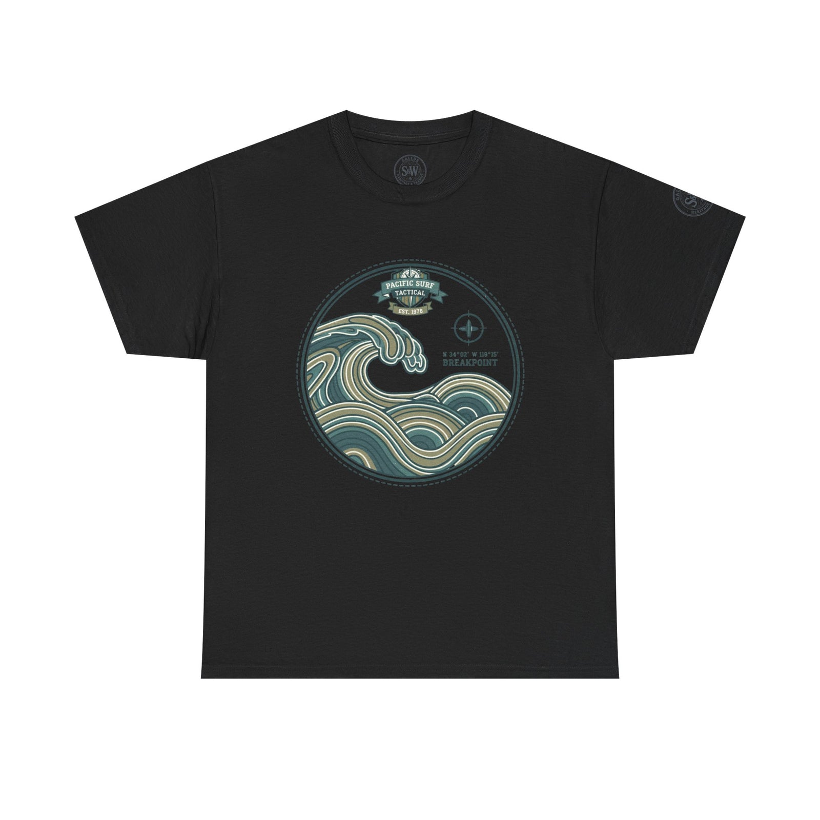 Black Wave Crest T-Shirt by S&W Gallus, featuring a stylish circular wave graphic on the chest.