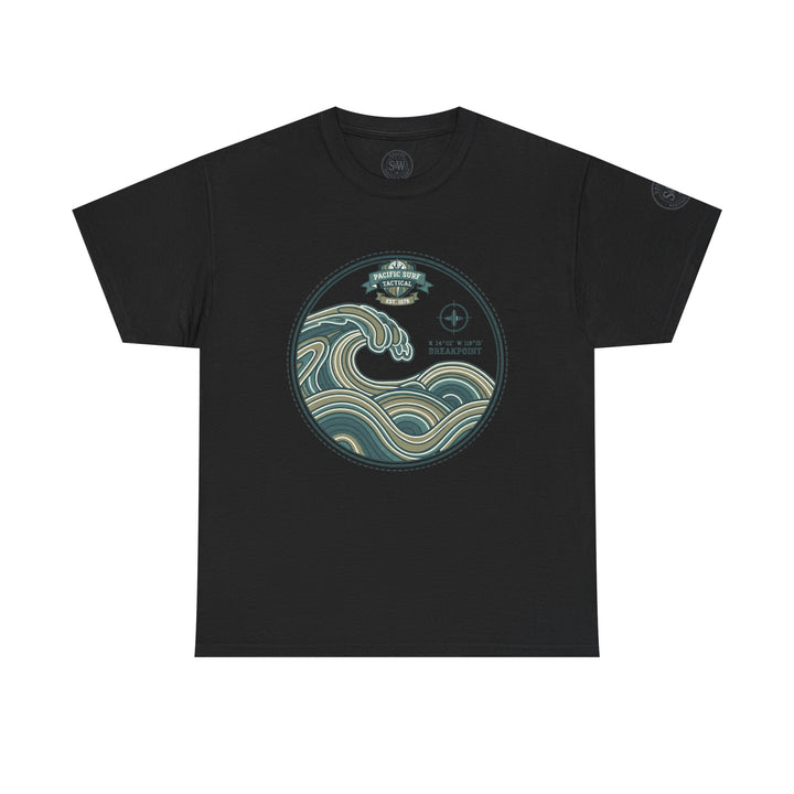 Black Wave Crest T-Shirt by S&amp;W Gallus, featuring a stylish circular wave graphic on the chest.