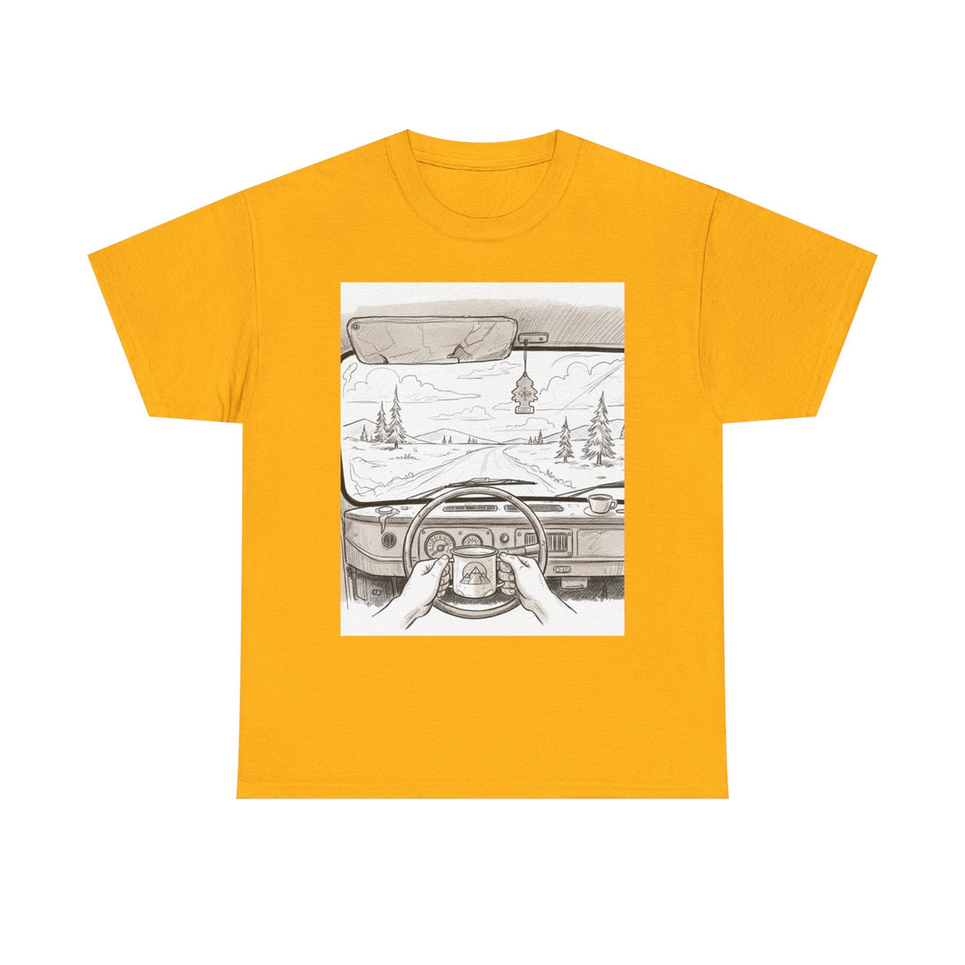 Scenic Drive Van Illustration Tee – soft cotton with a detailed van and landscape design. Perfect for road trips, outdoor adventures, and casual wear.