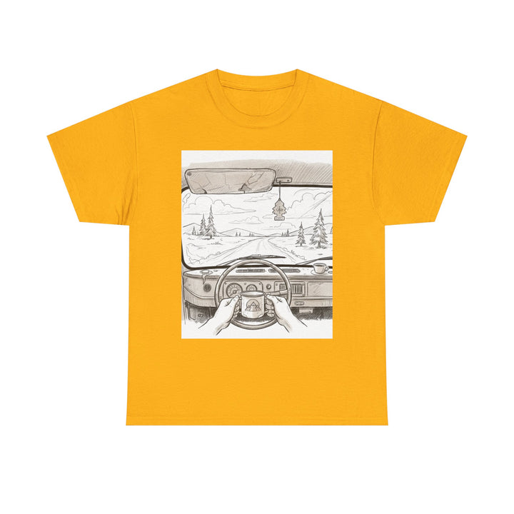 Scenic Drive Van Illustration Tee – soft cotton with a detailed van and landscape design. Perfect for road trips, outdoor adventures, and casual wear.